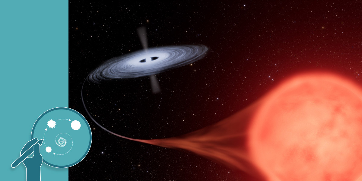 Artist's concept of the binary star system HM Sge on the black background of space sprinkled with various sizes of red and white points of light. At the top of the image, a blazing hot white disk surrounds a white dwarf star that is pulling a stream of material from its red giant companion, the glowing mottled ball at bottom right.