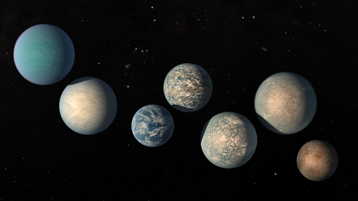 Illustration depicting the seven planets of the TRAPPIST-1 system against a black background. The image does not show the planets' orbits to scale as they are placed in a diagonal manner from top left to bottom right. The exoplanets’ surfaces are illuminated, as if an offscreen light source is shining on the face-on portion of each exoplanet. The exoplanets vary in size, and each is unique in color and detail. From left to right: a large blue sphere, a light brown and gray sphere, a smaller dark blue sphere with a white marbled surface, a sphere with a brown, white, and blue surface, a slightly larger sphere with gray vein-like features, a similarly sized sphere with a light brown surface, and a small brown sphere.