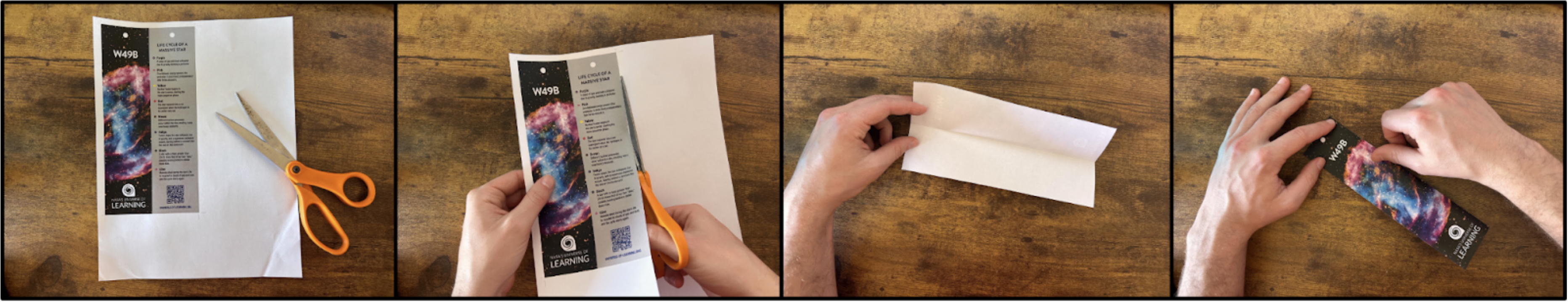 Four side-by-side photos showing some of the preparation steps. The first image shows a printed bookmark template and pair of scissors against a wooden surface. The second image shows the bookmark template being cut out with scissors by a pair of hands. The third image shows a hand holding the cut out bookmark, which is folded vertically so the blank sides face each other. The fourth image shows a pair of hands creasing along the vertical fold with the bookmark’s front being shown.