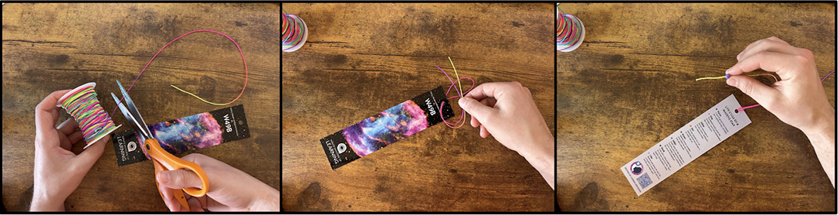 Three side-by-side images showing how to tie the cord to the bookmark. The first image shows the bookmark lying against a wooden surface. In the foreground, a pair of hands is cutting cord with a pair of scissors. In the second image, the cord is in the process of being secured to the bookmark template. The third image shows the cord secured to the bookmark and ready for beads to be added.