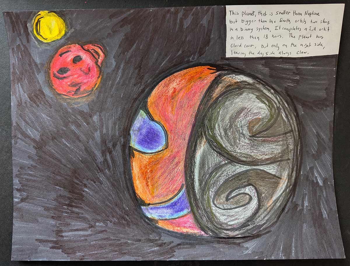 A colorful drawing of an imagined exoplanet orbiting two stars. Against a black background is a small yellow circle, a star, in the top left corner of the image. Just below, to its bottom right, is a larger circle that has a red surface with black splotches, another star. Toward the center right of the image is a larger circle, the exoplanet. The left half of the planet is mostly reddish-orange and has two blue patches to represent oceans. The right half of the planet is gray and black with curvy features depicting clouds. Handwritten text about the imagined exoplanet system appears in the top right corner.