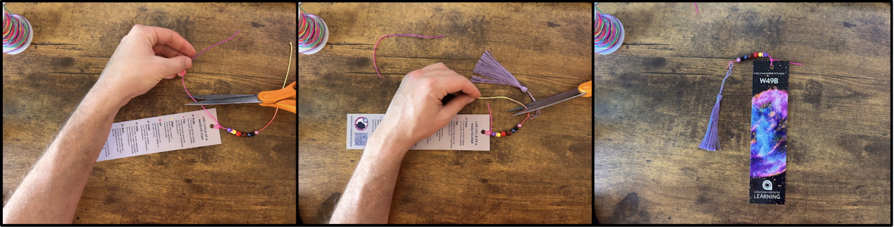 Three side-by-side images showing beads being added to the bookmark’s cord. The first image shows a hand adding beads to the cord. The second image shows the beads being secured in place and a tassel being added to the top of the bookmark. The third image shows the finished product.