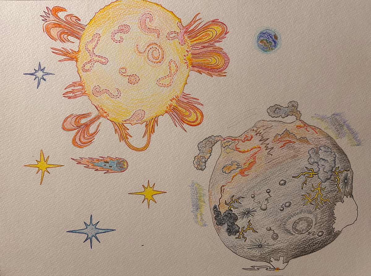 A colorful drawing of a small rocky planet about the same size as Mercury orbiting an orange-red star that regularly sends out giant flares. Against the white surface of the paper, a large yellow-orange sphere is at top left. Light orange swirly features are across its surface, and fountain-like gushes of orange and yellow extend outward from the star. Toward the bottom right is a large gray sphere. It has many textural details, such as mountains, lightning storms, craters, and ice caps. The top third of the planet has orange and yellow features. Objects like stars with diffraction spikes and a comet surrounds the small rocky planet and star.