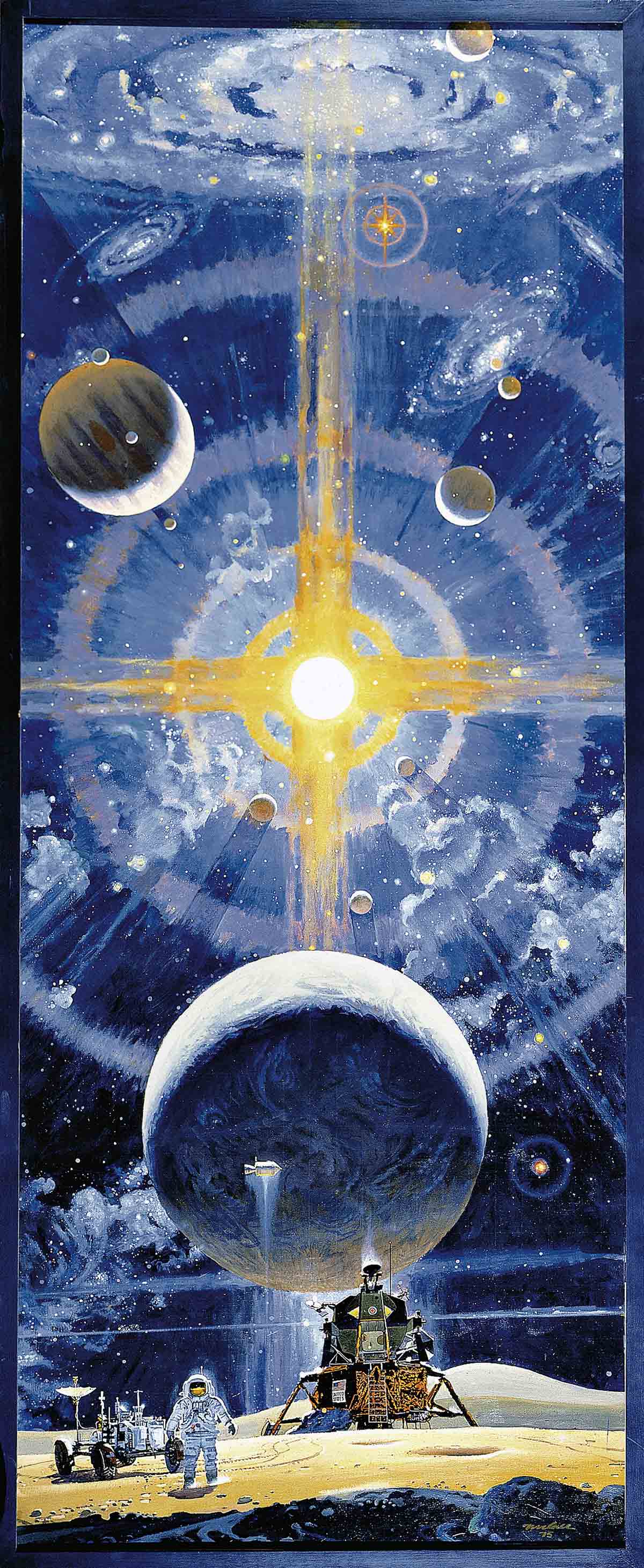 Painting depicting space and space exploration. At the bottom of the frame is an astronaut on the moon’s surface surrounded by a lunar rover and lunar landing module. A bit above and in the background is Earth, depicted as a large sphere of swirling blue, white, and brown. Behind is a blue background that stretches to the top. Against it are depictions of stars, galaxies, planets, and other astronomical objects. In the center is a small, bright white circle that is emitting yellow beam-like material and concentric rings that extend toward the frame’s edges.