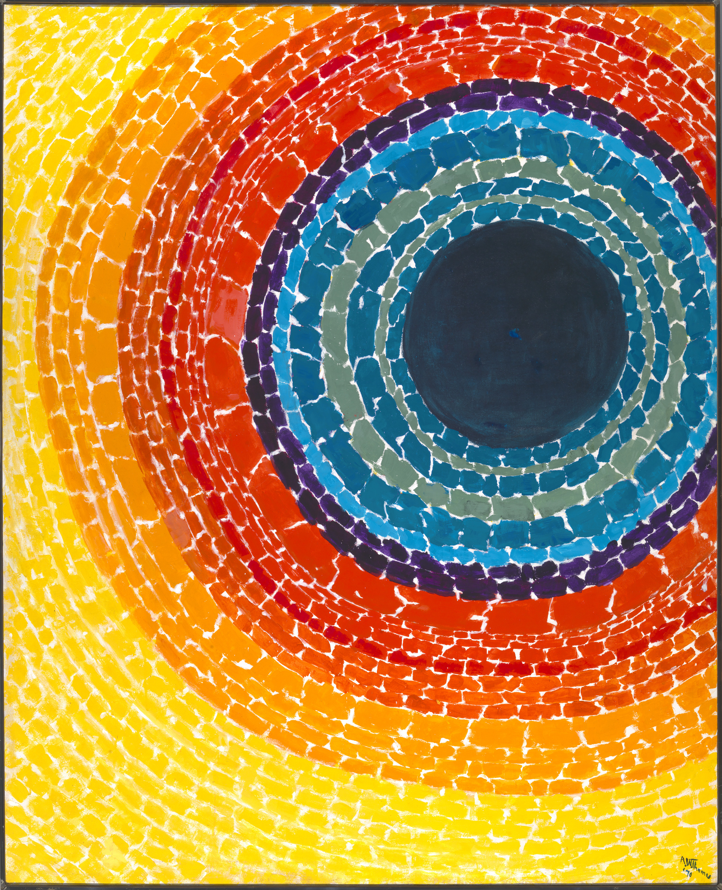 Painting depicting a total solar eclipse. A black circle toward the right depicts the Moon in front of the Sun. Many colorful concentric rings surround the black circle and extend toward the frame’s edges. Starting closest to the black circle and moving further away, the rings’ colors are: blue, purple, red, orange, and yellow.