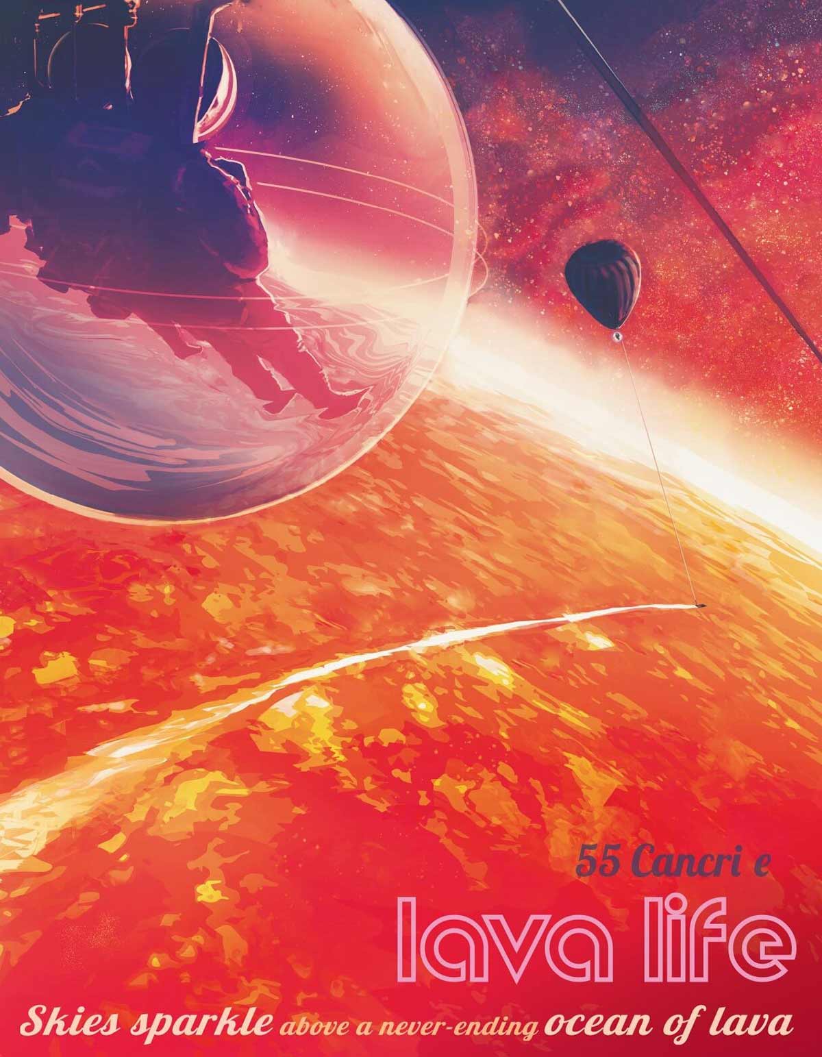 An artistic illustration of the surface of exoplanet 55 Cancri e. In the top left corner is a couple in a protective bubble, suspended by a futuristic balloon over a global surface of lava and under dark, sparkling skies.