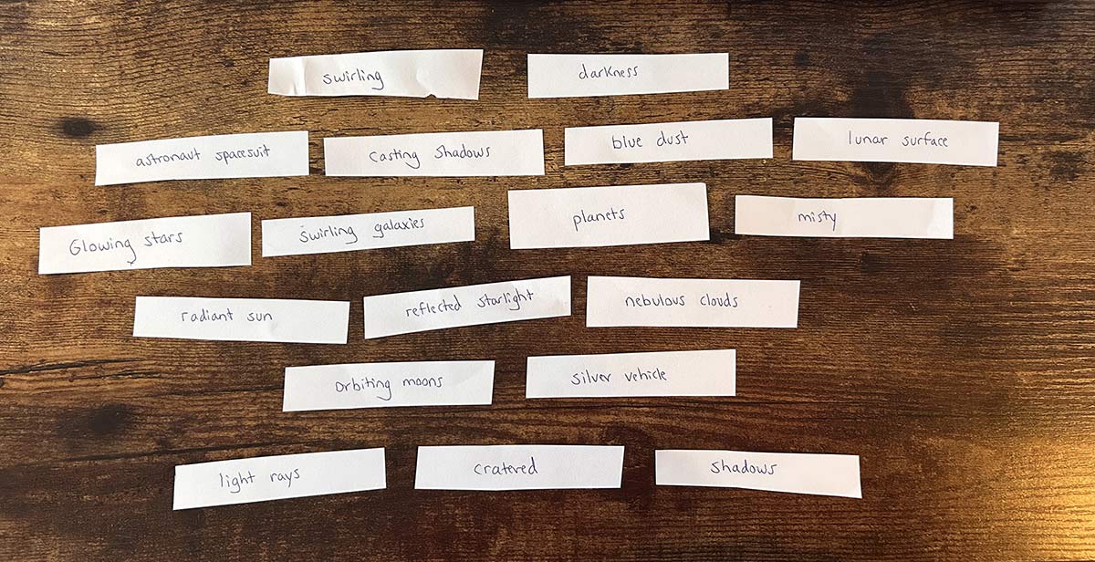 Photo of 18 small strips of white paper against a wooden surface. Each piece of paper has a word or phrase written on it. The strips are organized in six lines.
