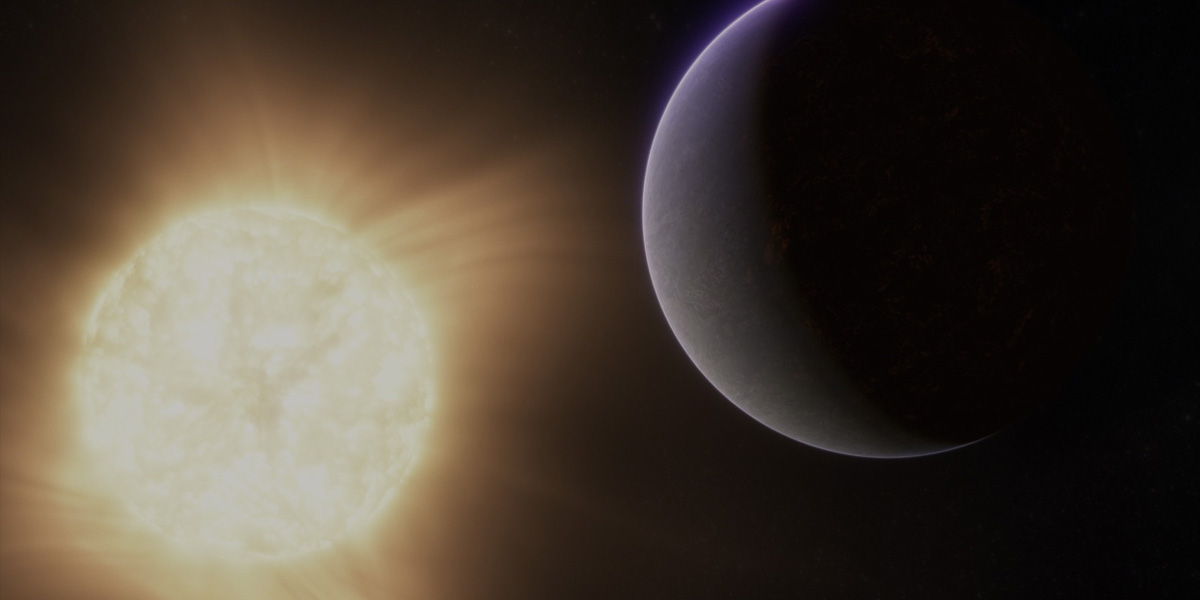 Artist’s concept of a rocky exoplanet and its star. The star is in the background at the lower left and appears somewhat, but not significantly, smaller in the sky than the planet. It has a bright orange-red glow and appears to have an active surface. The planet is in the foreground to the upper right of the star. The left quarter of the planet (the side facing the star) is lit, while the rest is in shadow. The planet has hints of a rocky, partly molten surface beneath the haze of a thin atmosphere. The boundary between the day and night sides of the planet is fuzzy.