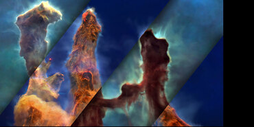 Two dusty pillars with a 45-degree split between them.