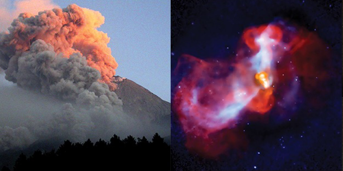 In the left picture, a volcano erupts and spews ash, dust and gas into the air. In the right picture, energetic eruptions are powered by jets of high energy particles as material falls into a black hole.