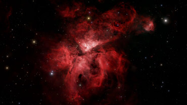 At the center is a loose splotch of red, the Carina Nebula, set against the black background of space, which is speckled with stars. The gas and dust that make up the nebula take the loose form of flower petals, like an iris, and are red.