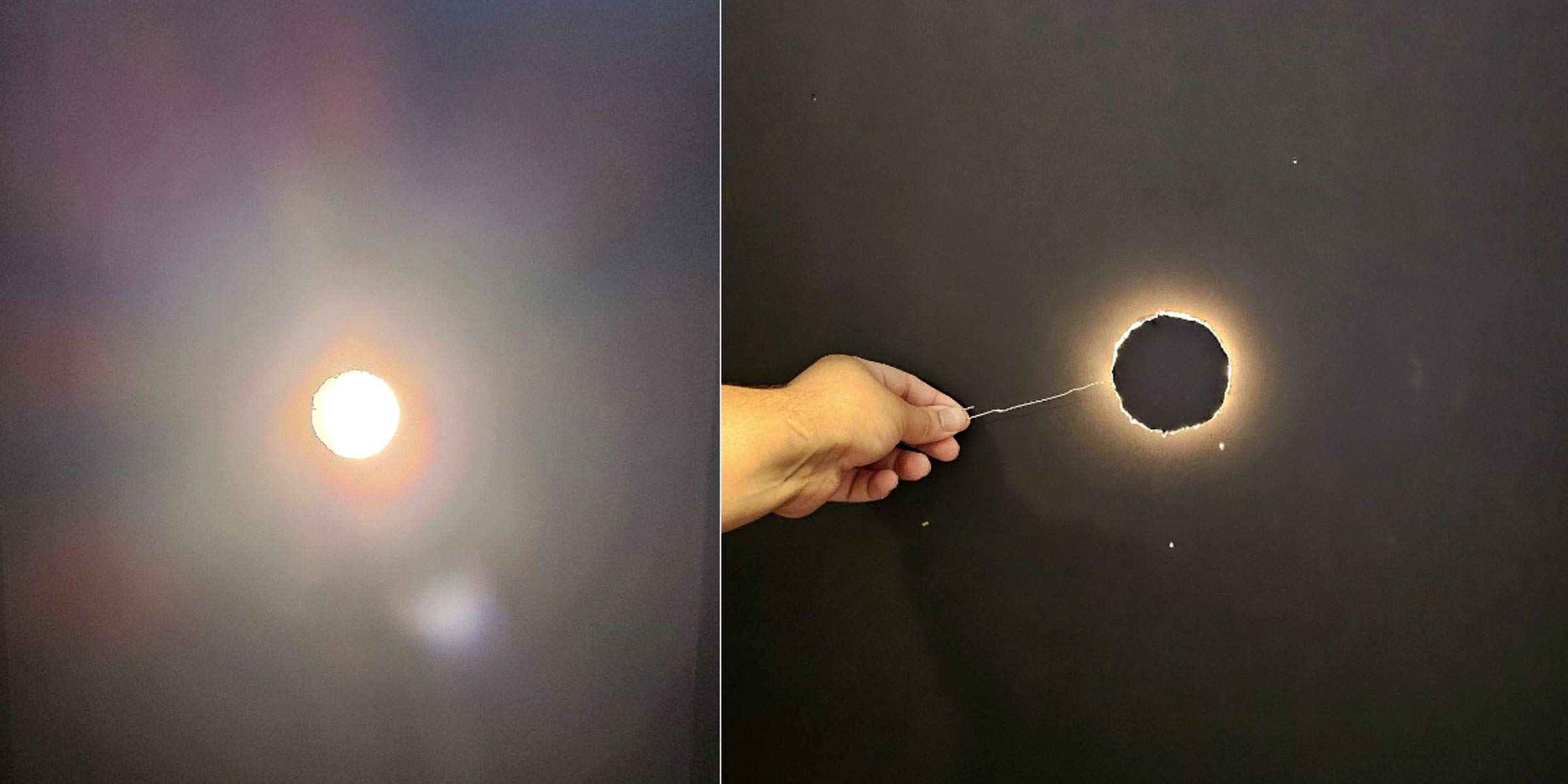 Split image: At left, a bright dot with a glare. At right, a hand holds a dark circle to block the star's light.
