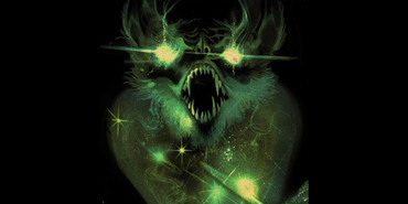 An illustration of an ominous, green bat that emerges from the cosmos, pushing objects like galaxies and stars further apart into the void of outer space.