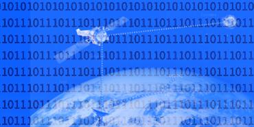 Illustration of a space telescope above earth with zeros and ones in the background