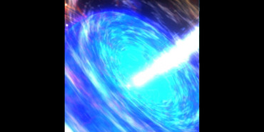 Illustration of a gamma-ray burst destroying a star. Colorful swirls surround a beam-like jet of light.
