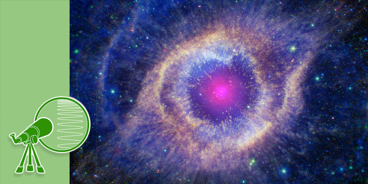 Rectangular graphic illustrating the Electromagnetic Spectrum program theme. The right four-fifths of the graphic is a colorful multiwavelength space telescope image of a planetary nebula. The nebula looks like a human eyeball, with a hot pink pupil surrounded by blue and orange iris-like rings.   Running vertically along the left side of the image is a wide green bar. In the lower half of the bar is a line drawing of a simple hand-held telescope on a tripod. The telescope points toward a circular field of view showing an expanding wave pattern.