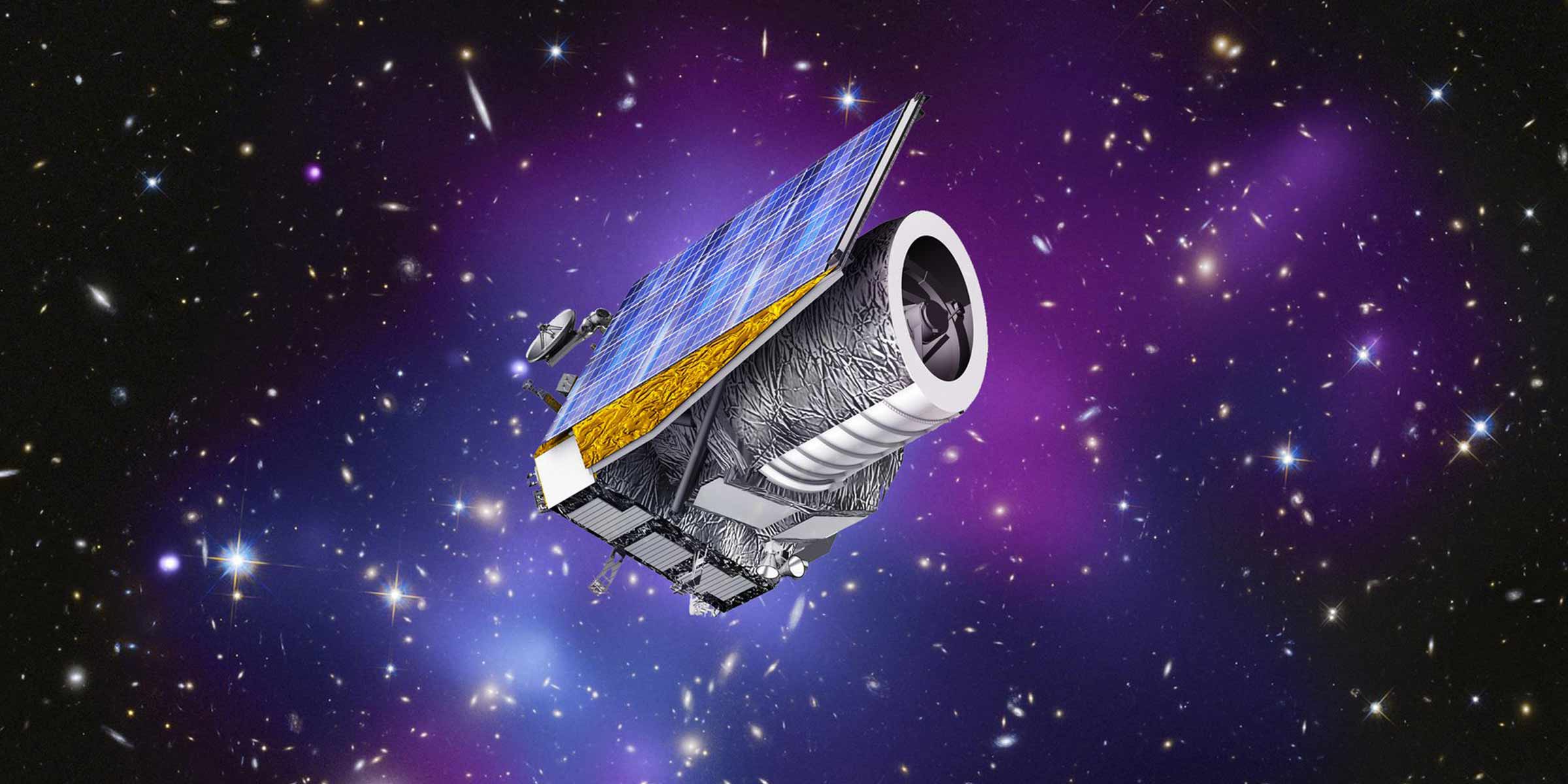 An illustration of the Euclid telescope in front of a star field. The telescope has a cylindrical body with an open top and a flat, square base as well as a flat panel along its back.