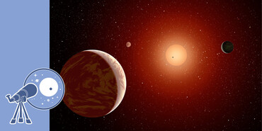 Rectangular graphic illustrating the Exoplanets program theme. The right four-fifths of the graphic shows an illustration of three exoplanets orbiting a bright star. Running vertically along the left side of the image is a wide blue bar. In the lower half of the bar is a line drawing of a simple hand-held telescope on a tripod. The telescope points toward a circular field of view showing stars and planets.