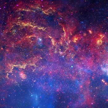 A tapestry in shades of blue, purple, red, yellow, and white. The top half of the image has curtains of red and yellow material, which look like they are seeping toward the bottom. The bottom half of the image is mostly blue, with a faint red haze on the right side. Blue and red points of light are scattered across the image.