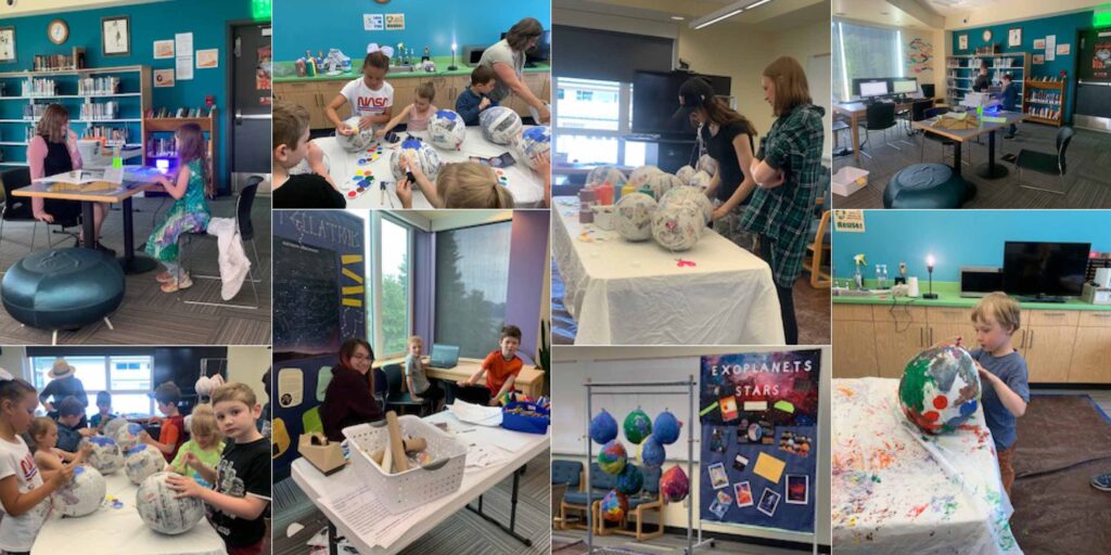 Multiple photos show children in a library, with books and resources on the walls and tables. In several images, children are using paper mache and paint to create circular planets and stars.
