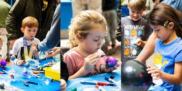Three photos side by side of children engaged in hands on activities outside at a table