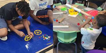Students with hands on activities on the left building with kinetics and on the right with homemade telescopes