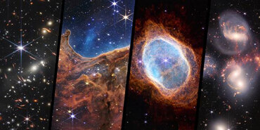 Four-image collage of the James Webb Space Telescope’s first images. From left to right: galaxy cluster SMACS 0723, star-forming region NGC 3324, the Southern Ring Nebula, and Stephan’s Quintet.