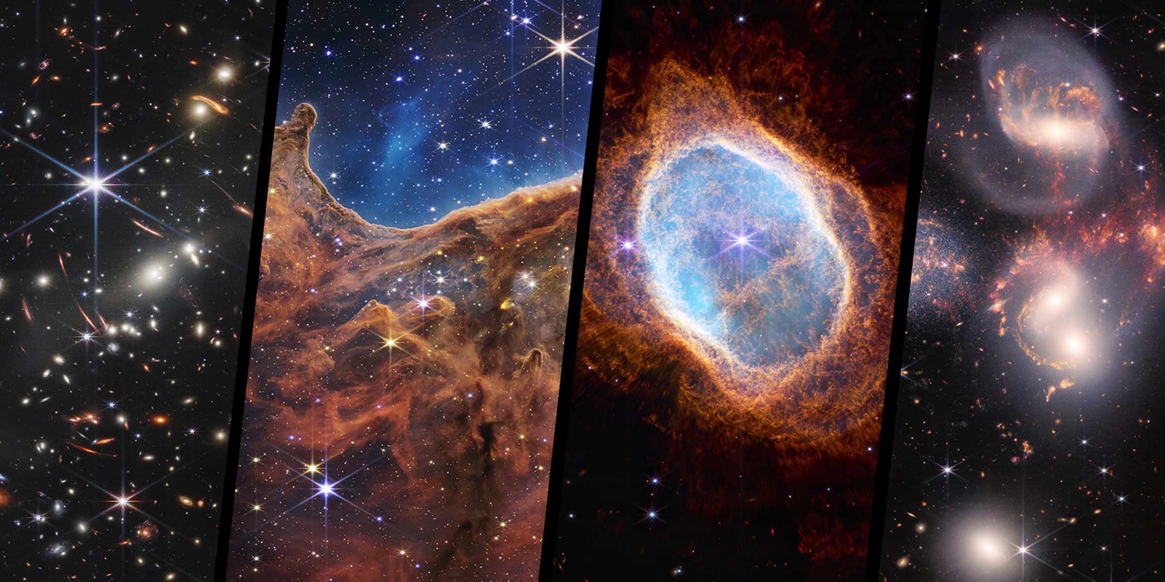 Portions of four of Webb's first images are shown side by side: A field of galaxies, a blue-and-brown area of star formation, a dying star that's cast off its gas and dust, and four prominent, bright white galaxies.