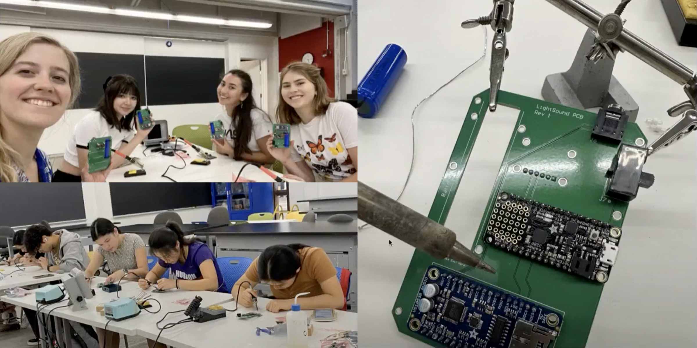 Three images are combined. At left, the top and bottom half are split evenly and show students collaborating at a long table to build a telescope to track exoplanets. At right are metal tools touching two horizontal motherboards on a green backer.