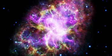 Multi-color intensity map in red, yellow, green, blue, and purple showing a roughly elliptical-shaped structure with details of the Radio, Infrared, Visible, Ultraviolet, and X-ray images.