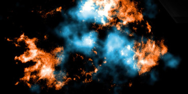 Supernova remnant Cassiopeia A imaged by the NuSTAR telescope and Chandra X-ray Observatory. Three cloudy, blue wisps of titanium, are near the center against a black background. Bright yellow-orange blotches of iron are unevenly dispersed throughout the image. Three large yellow-orange blotches are in the top center, lower left, and lower right.