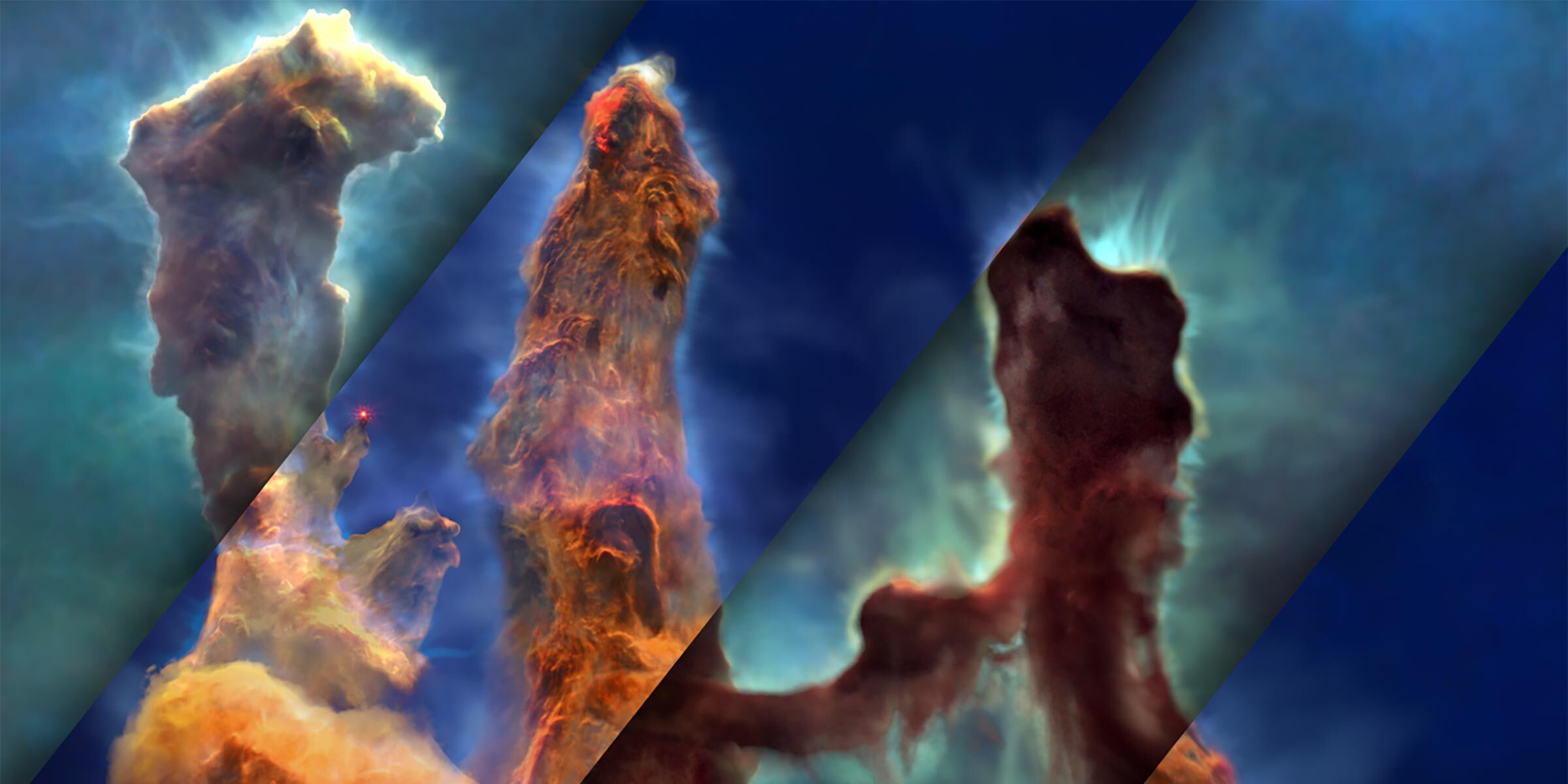 Mosaic of the Pillars of Creation visualization model, composed of 4 rectangular strips oriented 45 degrees clockwise from vertical. Strips alternate between Hubble and Webb views of the visualization model, with each strip labeled: “Hubble” at lower right corners of first and third strips; “Webb” at upper left corners of the second and fourth strips. Webb strips have drop shadows that make it look like they are overlaid on top of larger Hubble image. Mosaic shows 3 vertical structures (pillars) of thick smoke-like material. Pillar edges are glowing, with thin wisps of material moving away into space. In Hubble strips, pillars are dark brown and opaque, on greenish blue background. In Webb strips, pillars are bright orange to brown with a distinct area of bright red at the top of middle pillar. A red star appears at the tip of a peak in the left pillar and the background is deep blue.