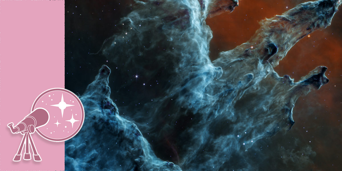 Rectangular graphic illustrating the Stars program theme. The right four-fifths of the graphic consists of an infrared image of the Pillars of Creation from the Webb Space Telescope. The pillars are a ghostly blue-gray color with craggy finger-like tips. Running vertically along the left side of the image is a wide pink bar. In the lower half of the bar is a line drawing of a simple hand-held telescope on a tripod. The telescope points toward a circular field of view showing stylized stars with four-pointed diffraction patterns.