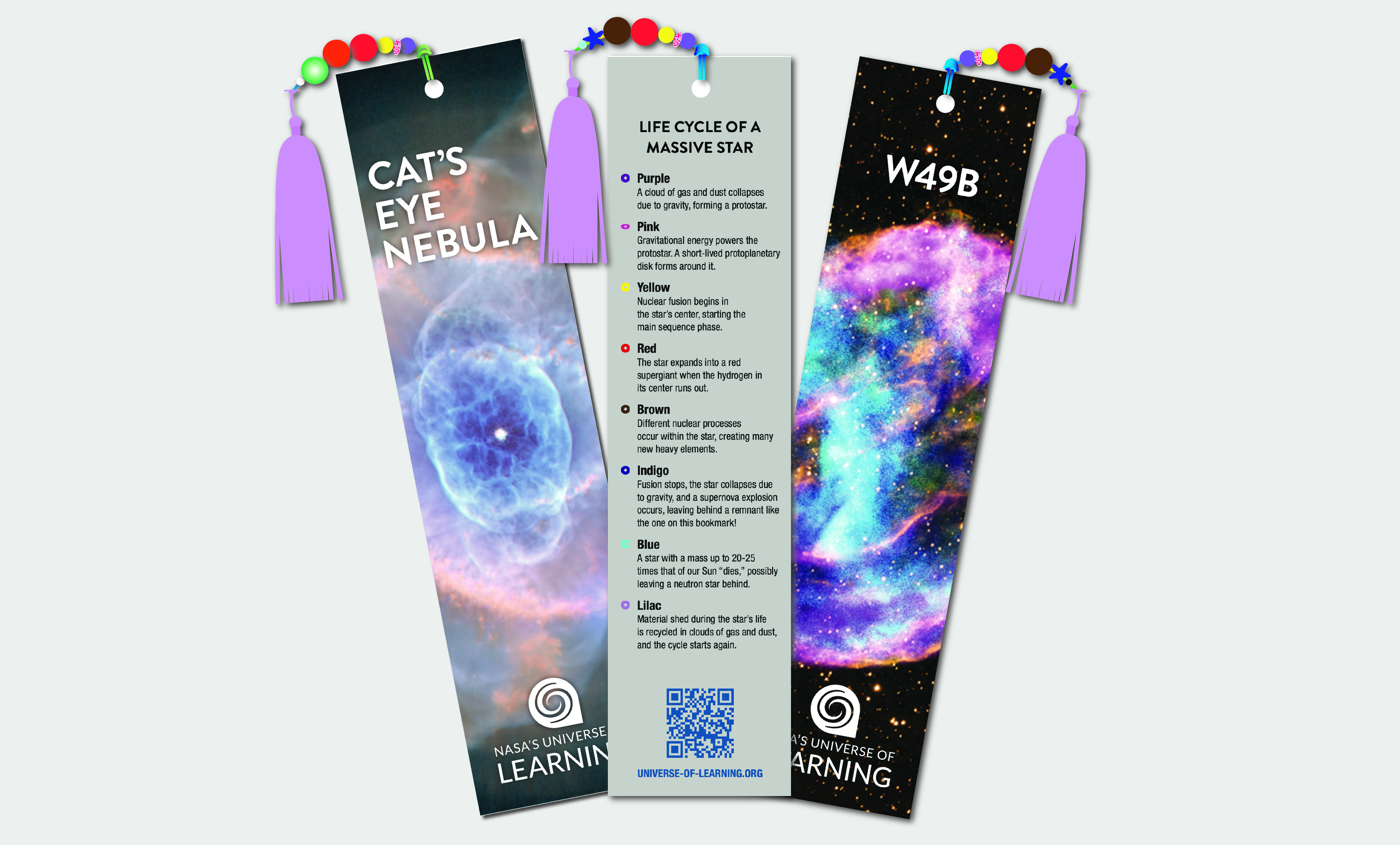 A beaded bracelet, three bookmarks with beaded charms, and a phone with a beaded charm.