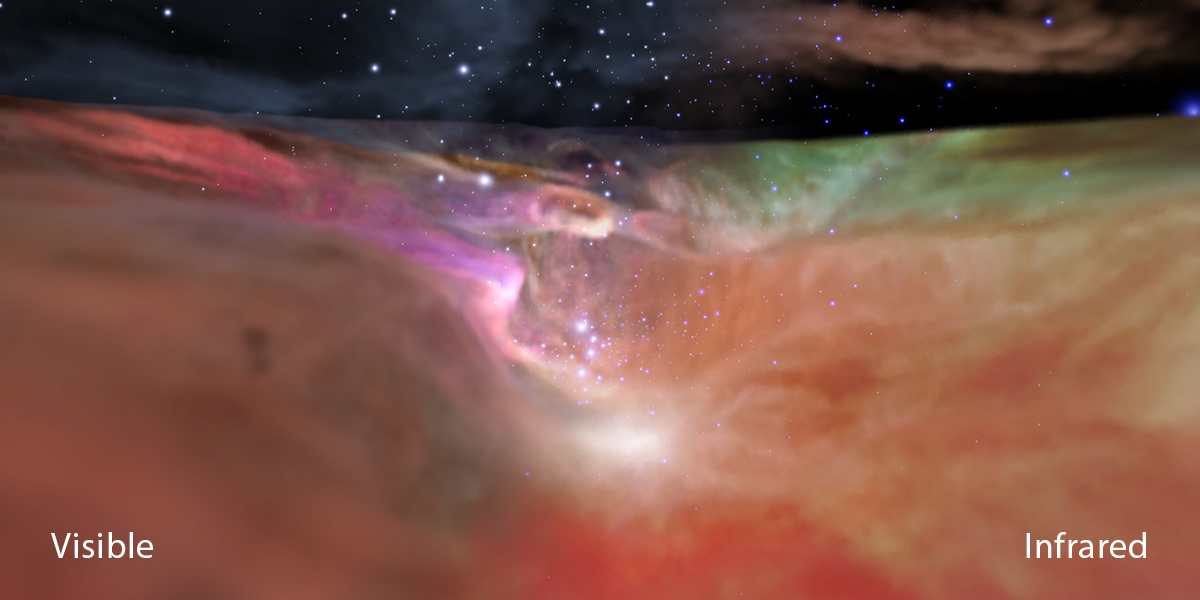 Flight Through the Orion Nebula in Visible and Infrared Light