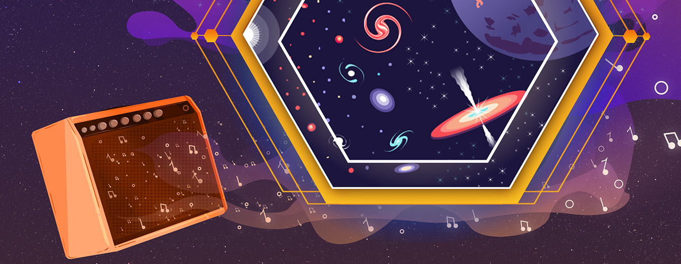 Illustration representing Webb science set to sound. At bottom left is a large electric guitar amplifier at a slight angle. Music notes emanate from the front of the speaker and drift across the frame. In the middle, superimposed on the starry background is a large hexagon representing various aspects of Webb Science: stars, planets, galaxies, nebulae, and black holes.