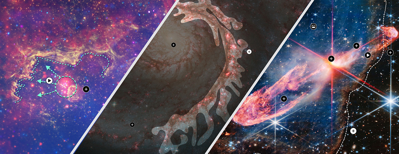 Three astronomical objects, each represented as a cutout image separated by diagonal lines. The left cutout shows a colorful field of dusts and gases. One ridge of dust and gas is outlined with a dotted green line. Slightly below the outline, a bright red light is circled with a dotted green line. Three dotted green arrows point from the circled red light toward the outlined ridge. The central cutout shows one arm of a spiral galaxy. The spiral arm, a thick filament of dust and gas, begins near a bright yellow core and swirls outward, clockwise. There are pockets of pink, which are star-forming regions. All other details within the region are covered with a darkened overlay. The right cutout shows two jets of hot gas shooting out from central stars.  There is a white dashed line outlining a thick line of soft brown dust and gas, which is the edge of the nebula. This edge and its outline stretch from the bottom left of the cutout to the bottom-center before curving upward and ending at the top-right.