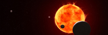 Illustration of a star with multiple flares and four small orbiting planets. Star is off center to the lower right, with a silhouetted planet to its lower right. A smaller planet is shown an inch to the left, also silhouetted. A third planet is directly to the left of the star, gray and white but without much detail, and farther out near the left edge of the image is the fourth planet, also gray with little detail.