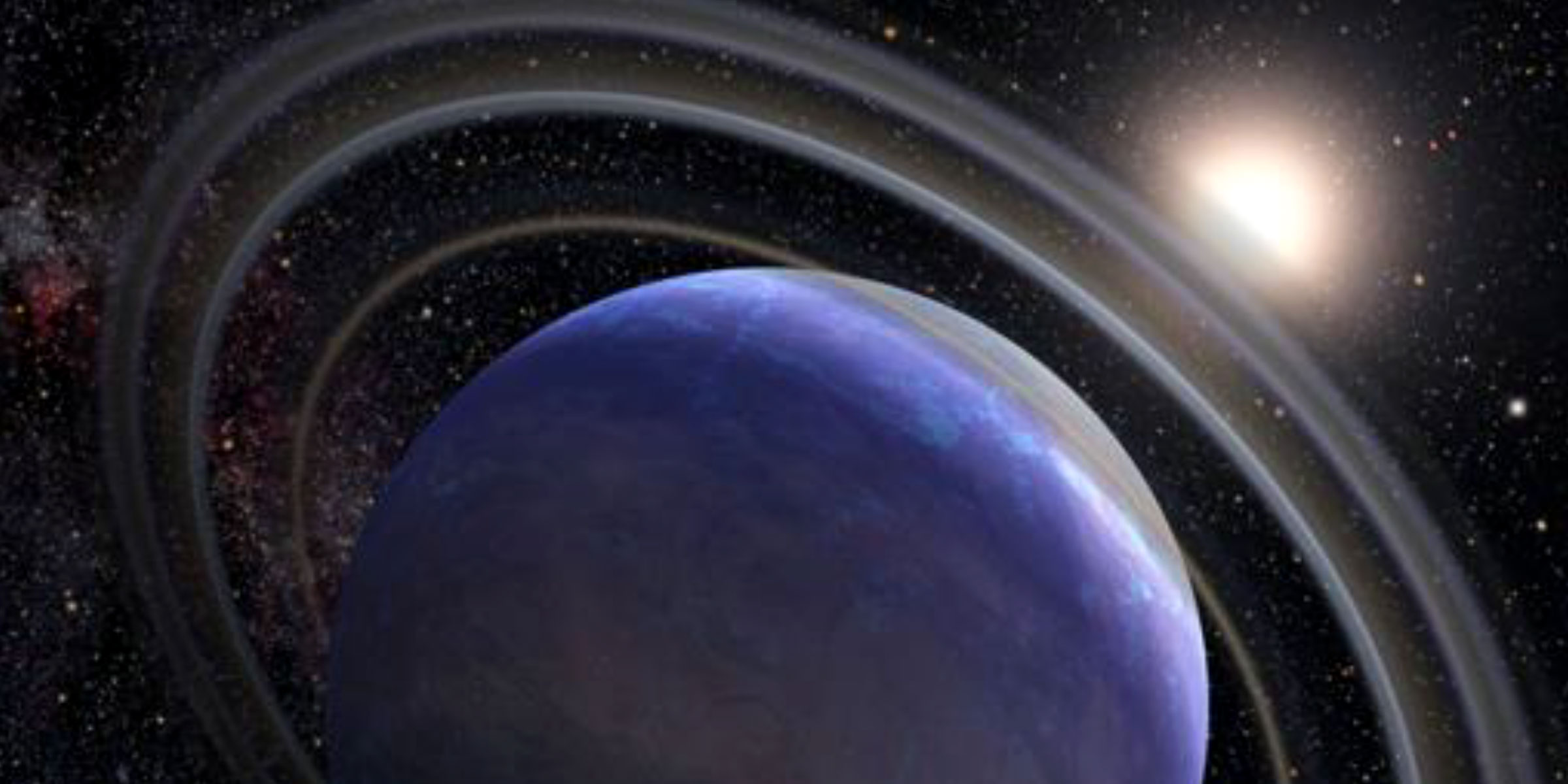 Artist’s illustration of a blue-hued exoplanet with planetary rings with its host star in the background
