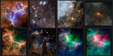 A grouping of 6 AstroPix images of the Pillars of Creation. Each image varies in size, color, and physical features.