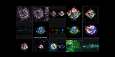 A grouping of 15 AstroPix images of supernova remnant Cassiopeia A. Each image varies in size, color, and physical features.
