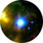 A small white sphere surrounded by a cyan glow against a fuzzy yellow and green background.