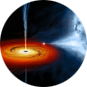 A yellow and orange spiral with two thin jets of material emanating directly up and down from a black center.