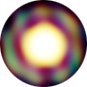 A yellow circle surrounded by a purple ring, itself surrounded by a fuzzy green-orange ring. Overall, it is similar in shape to a daisy.