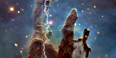 Pillars of Creation with a vertical sound line depicting Sonifcation.