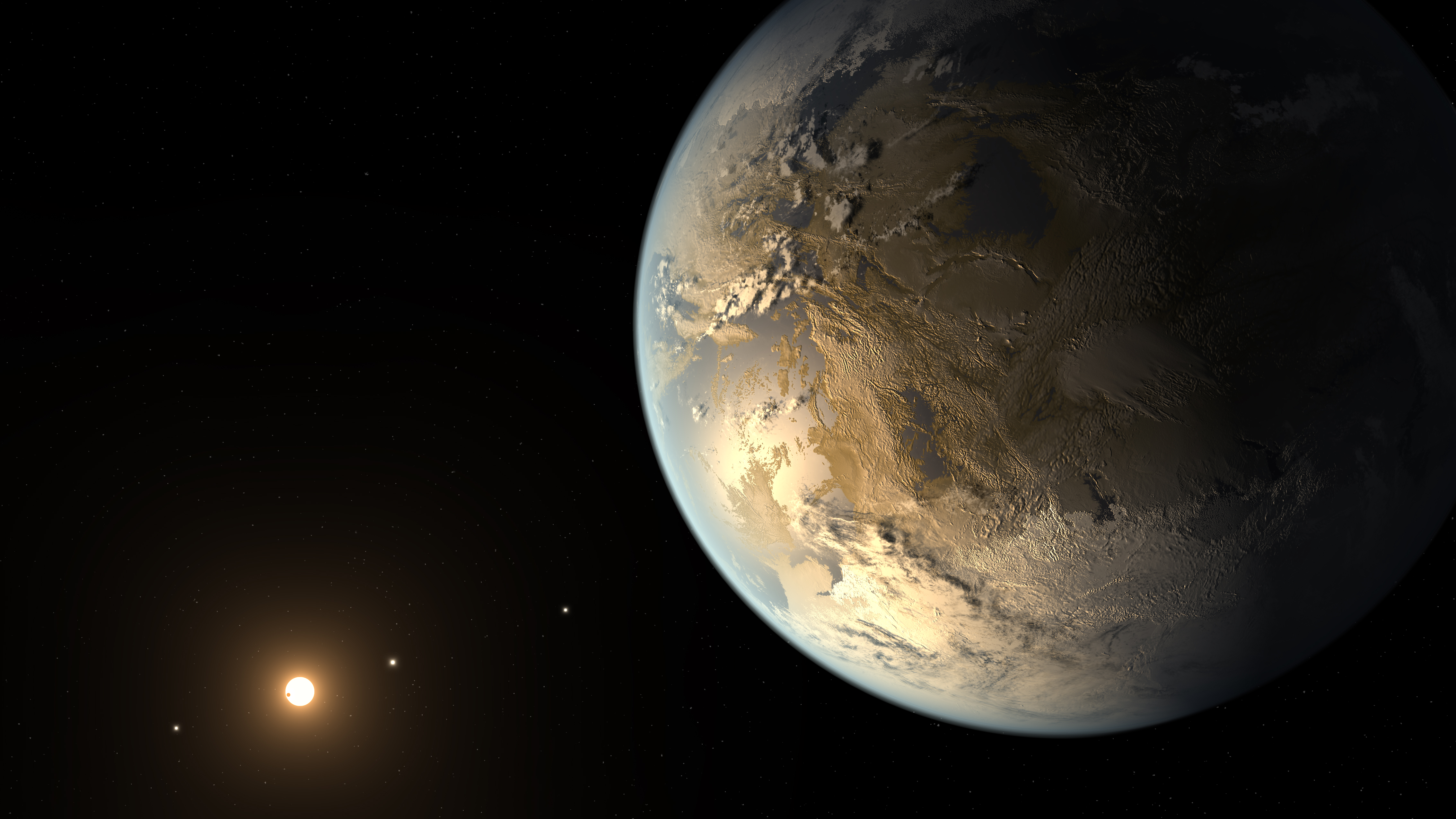 Illustration of Kepler-186f, an Earth-size exoplanet, against the black background of space. The exoplanet is toward the right. The left half of the planet is illuminated by its host star, which is represented as a small, glowing yellow circle at left. The exoplanet's surface is a mixture of light brown rocky patches, smooth blue areas, and fluffy white material. The right half of the planet is shrouded in darkness. A few tiny bright dots are lined up diagonally, with one in front of the host star.