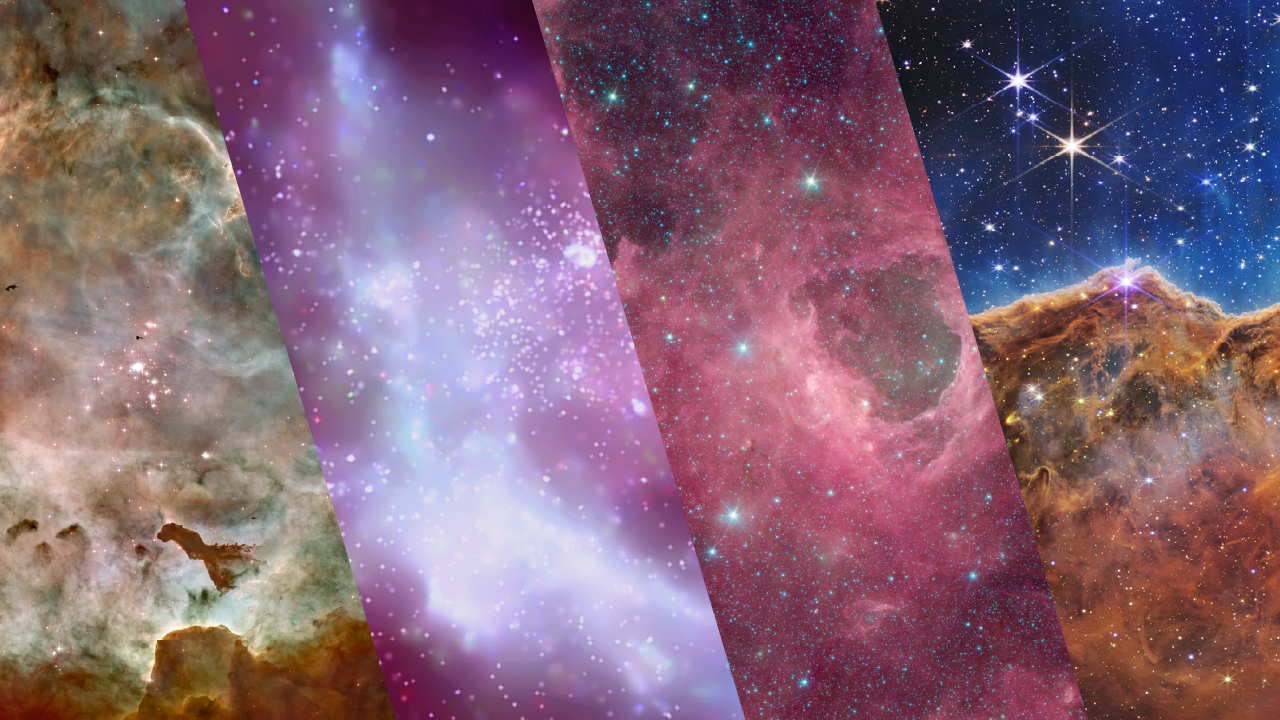 Four images from the Carina Nebula Complex are spliced vertically at an angle. From left to right: Hubble’s view in brown, gray, and light blue tones with a brilliant white star cluster at center; a bright purple and pink observation by Chandra; a bright pink wash with tiny blue orbs imaged by Spitzer; and a Webb view showing bright blue at top with brown clouds at bottom, overlaid with stars.