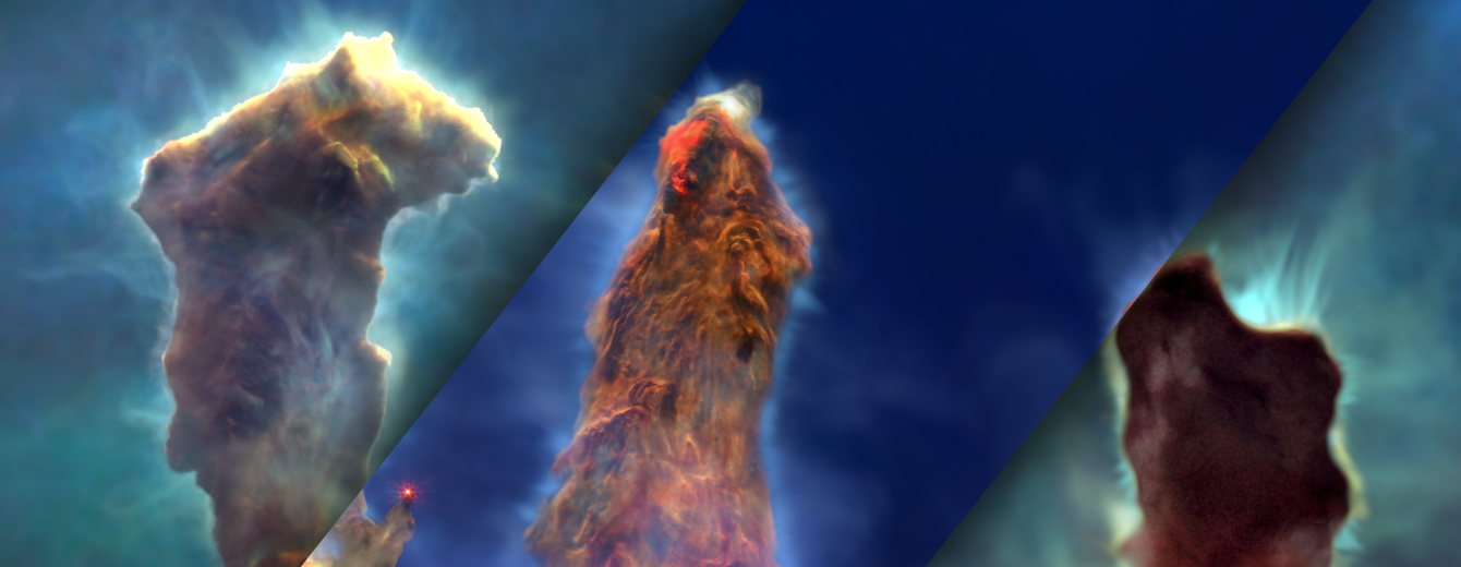Mosaic of the Pillars of Creation visualization model, composed of 4 alternating strips of Hubble and Webb versions oriented 45 degrees clockwise from vertical.